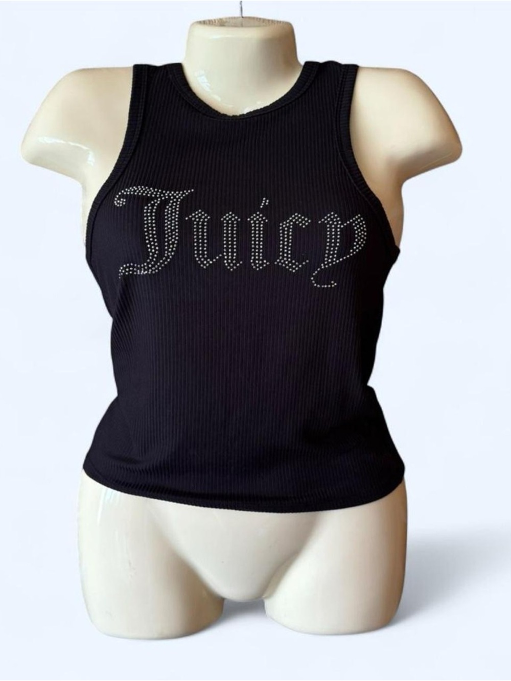 Juicy Couture Black Ribbed Tank with Rhinestone 'Juicy' Logo